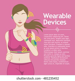 running woman and wearable devices, cartoon illustration