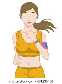 running woman and wearable devices, cartoon illustration