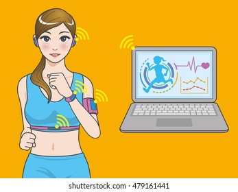 running woman and wearable devices, sending vital sign to laptop PC by wireless communication, cartoon illustration