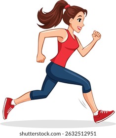 A running woman wearing a red shirt