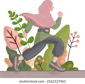 running woman wears hijab stock illustration