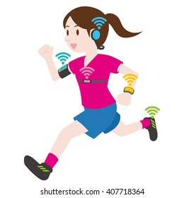 running woman who wears various wearable devices, vital sign sensing and wireless communication, image illustration