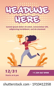 Running woman winning racing. Marathon leader holding cup, crossing line with red ribbon flat vector illustration. Competition, prize, trophy concept for banner, website design or landing web page