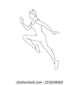 Running woman.Stretching exercises.Gymnasts.Sportives.Fitness club. One line style.Continuous line drawing.Hand-drawn contour lines.Sport.Healthy lifestyle.Winner.