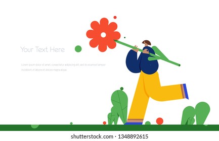 Running women with  big flower. Vector illustration flat design. Use in Web Project and Applications. 