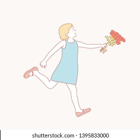 Running women with a bouquet of flowers. Hand drawn style vector design illustrations.