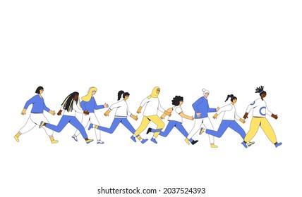 Running women. Differen ages, race and cultural female runners, athletes, sportive female people. Diverse articipation in sports races, athletic competitions. Marathon, exercise. Joggers. Vector.