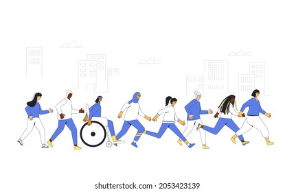 Running Women. Differen Ages, Race And Cultural Female Runners, Athletes, Sportive Female People. Diverse Articipation In Sports Races, Athletic Competitions. Marathon, Exercise. Joggers. 