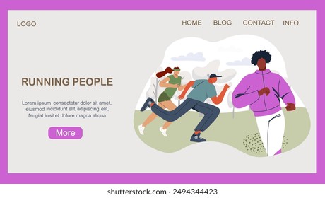 Running women, man, doing sports in outdoor Landing Page Template. Active healthy joggers, runners training in a city park, with city panorama background. Athletic , woman, athletes, girls, man.