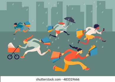 Running women in the rain, in the city, with shopping bags. Comic female characters in shopping rush. Vector illustration