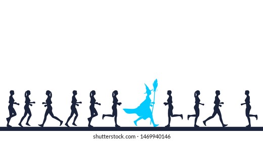 Running women. Side view silhouettes. Witch silhouette with a broomstick. Human differences