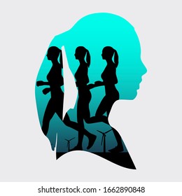 Running women silhouettes. Sport and recreation concept. Double exposure portrait of young woman
