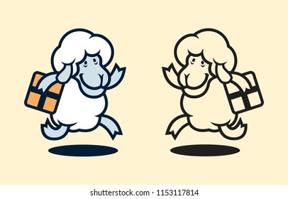 Running woolly sheep character with parcel box