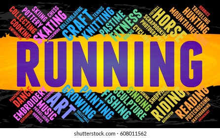 Running. Word cloud, multicolor font, yellow stripe, grunge background. Hobby.
