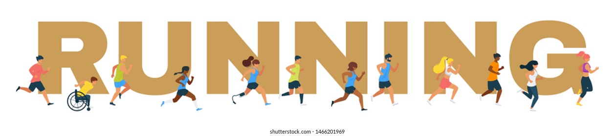 Running word concept vector banner. People running, in motion flat characters. Athletes completing marathon cartoon illustration. Sporty, healthy lifestyle. Exercising, keeping fit