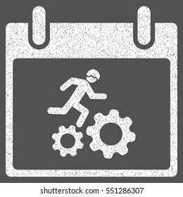 Running Worker Calendar Day grainy textured icon for overlay watermark stamps. Flat symbol with scratched texture. Dotted vector white ink rubber seal stamp with grunge design on a gray background.