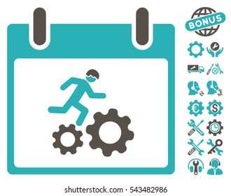 Running Worker Calendar Day icon with bonus setup tools pictograms. Vector illustration style is flat iconic symbols, grey and cyan, white background.