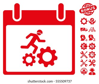 Running Worker Calendar Day icon with bonus configuration design elements. Vector illustration style is flat iconic symbols, red, white background.