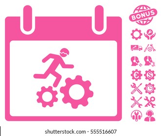 Running Worker Calendar Day icon with bonus configuration graphic icons. Vector illustration style is flat iconic symbols, pink, white background.