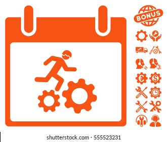 Running Worker Calendar Day pictograph with bonus settings icon set. Vector illustration style is flat iconic symbols, orange, white background.