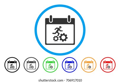 Running Worker Calendar Day vector rounded icon. Image style is a flat gray icon symbol inside a blue circle. Additional color variants are grey, black, blue, green, red, orange.