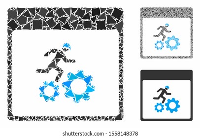 Running worker calendar page composition of tremulant items in various sizes and shades, based on running worker calendar page icon. Vector trembly items are composed into collage.