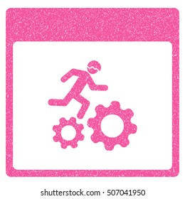 Running Worker Calendar Page grainy textured icon for overlay watermark stamps. Flat symbol with unclean texture. Dotted vector pink ink rubber seal stamp with grunge design on a white background.