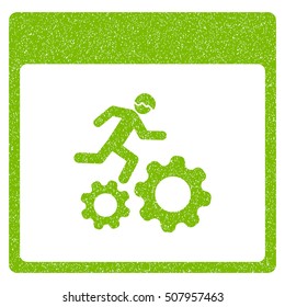 Running Worker Calendar Page grainy textured icon for overlay watermark stamps. Flat symbol with dust texture. Dotted vector eco green ink rubber seal stamp with grunge design on a white background.