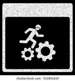 Running Worker Calendar Page grainy textured icon for overlay watermark stamps. Flat symbol with dust texture. Dotted vector white ink rubber seal stamp with grunge design on a black background.