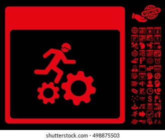 Running Worker Calendar Page icon with bonus calendar and time management pictures. Vector illustration style is flat iconic symbols, red, black background.
