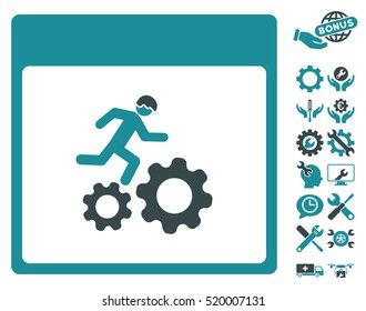 Running Worker Calendar Page icon with bonus service clip art. Vector illustration style is flat iconic symbols, soft blue, white background.