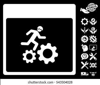 Running Worker Calendar Page icon with bonus service pictograms. Vector illustration style is flat iconic symbols, white, black background.