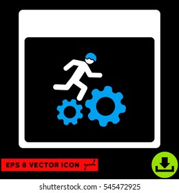 Running Worker Calendar Page icon. Vector EPS illustration style is flat iconic bicolor symbol, blue and white colors.