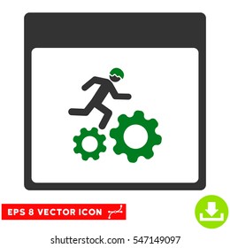 Running Worker Calendar Page icon. Vector EPS illustration style is flat iconic bicolor symbol, green and gray colors.