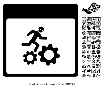Running Worker Calendar Page icon with bonus calendar and time management graphic icons. Vector illustration style is flat iconic symbols, black, white background.