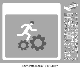 Running Worker Calendar Page icon with bonus calendar and time management pictograms. Vector illustration style is flat iconic symbols, dark gray and white, silver background.