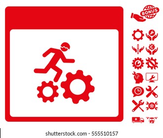 Running Worker Calendar Page icon with bonus settings pictograms. Vector illustration style is flat iconic symbols, red, white background.