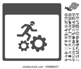 Running Worker Calendar Page pictograph with bonus calendar and time management icon set. Vector illustration style is flat iconic symbols, gray, white background.