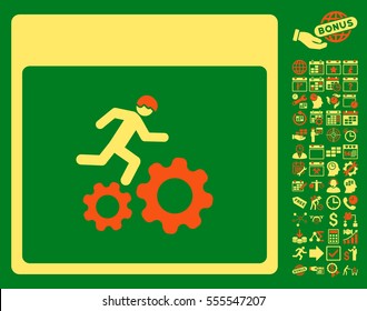 Running Worker Calendar Page pictograph with bonus calendar and time management symbols. Vector illustration style is flat iconic symbols, orange and yellow, green background.
