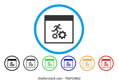 Running Worker Calendar Page vector rounded icon. Image style is a flat gray icon symbol inside a blue circle. Bonus color variants are gray, black, blue, green, red, orange.