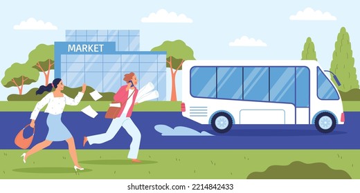 Running Worried People Being Late For Outgoing Bus Flat Vector Illustration