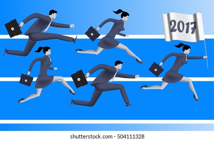 Running to year 2017 business concept. Confident business people run with flag with number 2017. Concept of team, new horizon, new opportunities and challenges. Vector illustration.