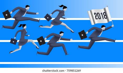 Running to year 2018 business concept. Confident business people run with flag with number 2018. Concept of team, new horizon, new opportunities and challenges. Vector illustration.