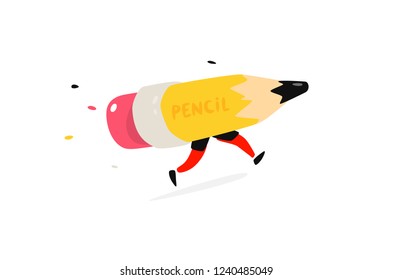 Running yellow pencil. Vector. Vintage, retro style. Logo for a company or training center. Flat style. Pencil character. Studio design and drawing. Mascot