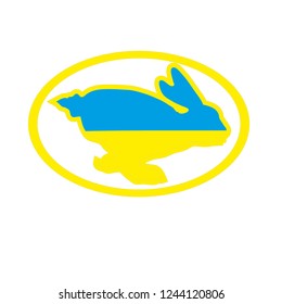 A running yellow-blue hare in an oval. Logo with symbols of the Ukrainian flag