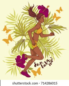  running young and beautiful african american woman with tropical decor, can be used as poster for marathon, vector illustration