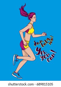 running young and beautiful woman with pink hair, motivation poster for changes and girl power, vector illustration in bright colors