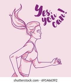 Running young and beautiful woman, romantic colors, sketch style vector illustration