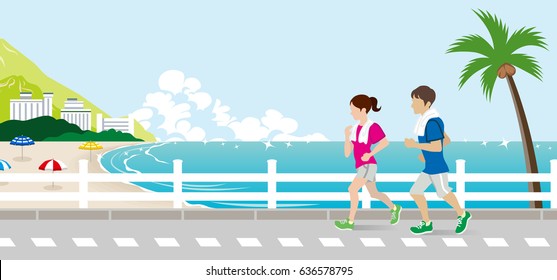 Running young couple in the Summer Seaside street