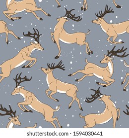 Running young deer. Seamless pattern with horned deers and snowfall.